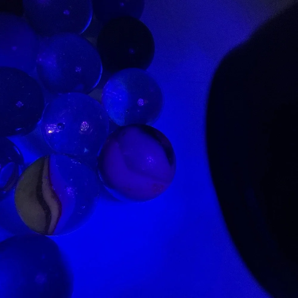 Lot Of Unique Vintage Marbles In Blue Mason Jar Some Glow- See Pics
